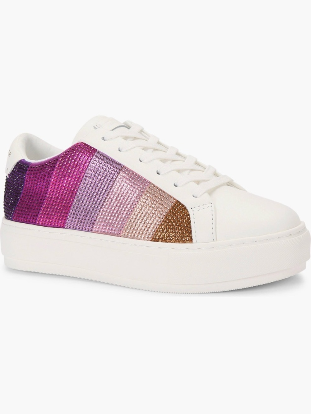 Kurt Geiger White Platform Sneakers with Pink-Purple to Bronze Crystal Stripe